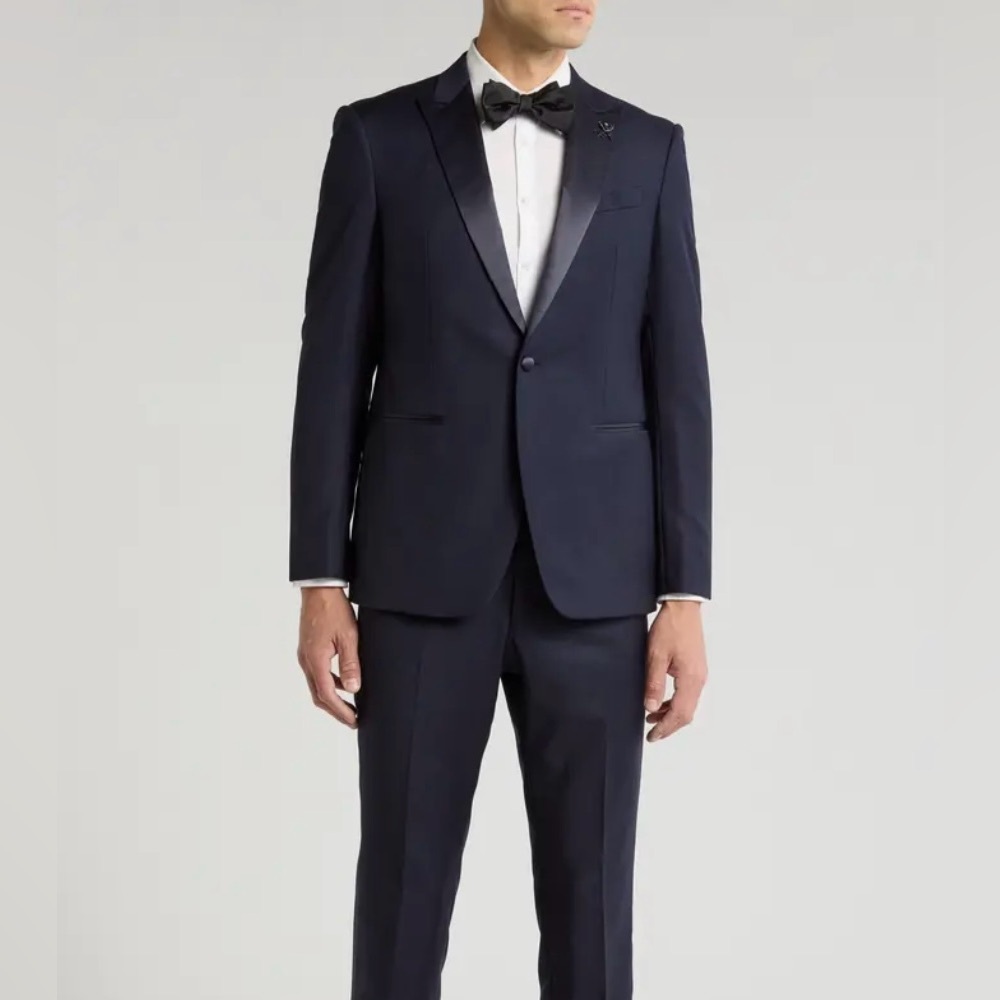 NWT John Varvatos Bleecker Satin Peak Lapel Tuxedo Suit 38S Navy Pants 31x3